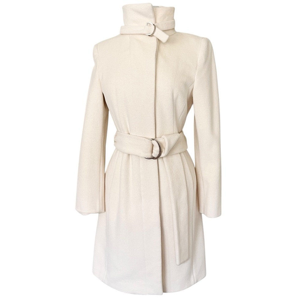CALVIN KLEIN Wool Blend Trench Coat Buckle Waits and neck Cream Sz 2 - Picture 5 of 16